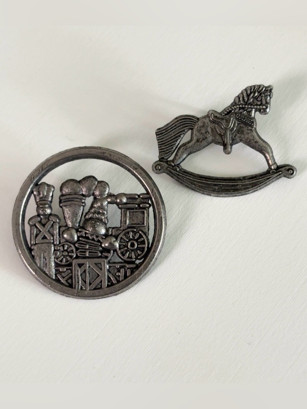 Vintage Hallmark HMK 1998 Toy Pins Set
Rocking Horse & Toy Shelf Pewter Tone